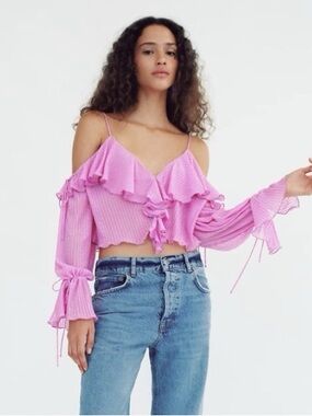 ZARA Pink Ruffle Cold-Shoulder Crop Top